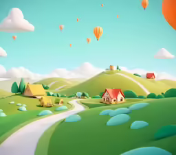 an illustration of a small house and hot air balloons