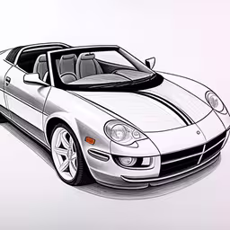 a drawing of a convertible car with white stripes,a sketch of a sports car from the late century