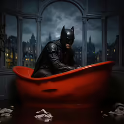 batman sits in a red bathtub near a window