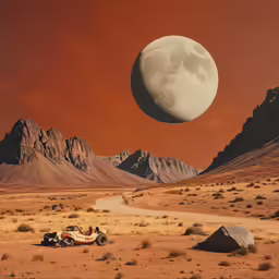 an artistic painting shows people on a desert road with an moon over mountains