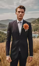 young man in dark suit posing for photo