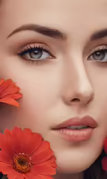 a woman is holding flowers behind her face