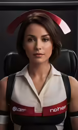 the face of a young woman wearing an electronic outfit