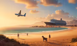 two people walk on a beach as an airplane flies above,the ship is in the distance as people on the beach look at it
