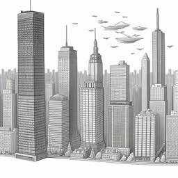 a pen drawing of some tall buildings,an illustration of skyscrapers in black and white