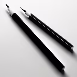 a black and white pen, an ink bottle and a silver cap