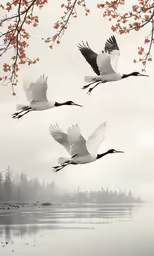 three large cranes are flying across the sky