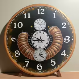 there is a clock with the image of a snake underneath it,an artistic clock that is black and white with gold detailing,the clock is painted with multiple faces and hands,an image of a clock with the face of a crescent,a clock has an astronaut image painted on the face