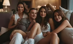 three women, two men and one man are sitting on a couch