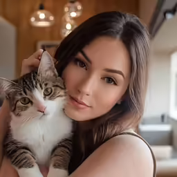 a woman holding a grey white and brown cat