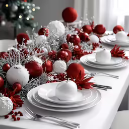 white and red holiday table setting