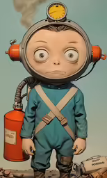 a drawing of a robot standing in the desert, with a pipe and a canister in his hand