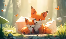 two foxes cuddling with each other in the forest