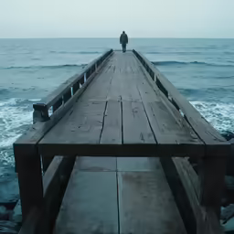 a lone person standing at the end of a pier in the ocean