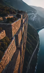 a long brick wall in the middle of a lake