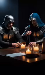 two people dressed as knights with candles near a laptop