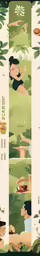 a set of three banners featuring two women in green and brown