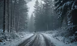 man walking along the road surrounded by pine trees