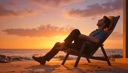 a man sitting in a lawn chair on the beach as the sun sets,a person sitting in a lawn chair watching the sun set