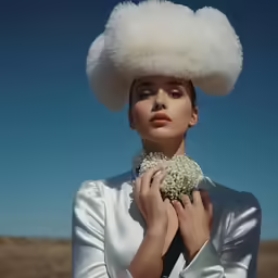 a woman wearing a white hat and standing in the middle of the desert