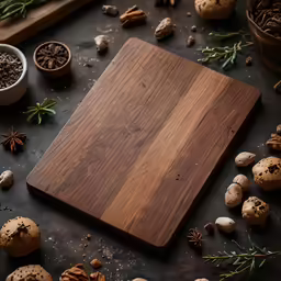 cutting board sitting next to a bowl of nuts