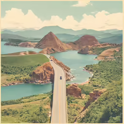 the long road is near some very pretty water