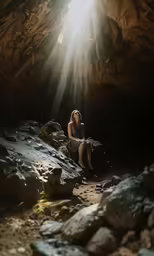 a woman sits on a rocky hill by rocks and water
