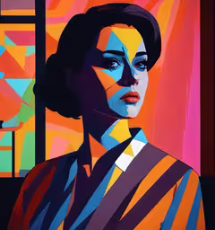 a painting of a woman looking to her right,a photo of a woman with a colorful painting of herself