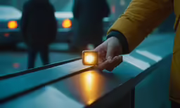 a hand with yellow light in a city street