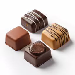 three squares of chocolate with various toppings and sauce