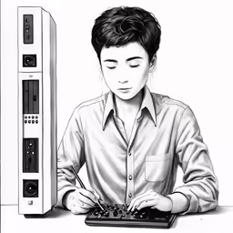 a man is typing on a black and white drawing