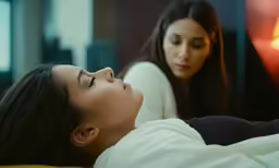 two beautiful women sitting on top of a bed