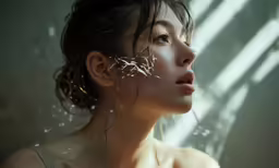 the woman with the hair and wings is staring to the side