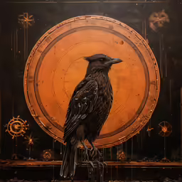 a black bird sitting on top of a wooden table