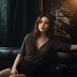 a young woman is sitting in a chair posing for the camera