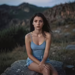 a girl sitting on rocks with a mountain in the background