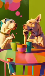 two dogs sit at a colorful table drinking coffee