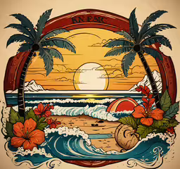 a tropical beach with palm trees and flowers,the sunset, palm trees, and waves painted on a piece of paper