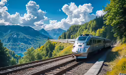there is a large long train going through the mountains