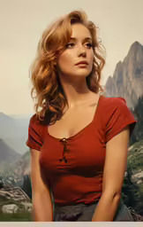 woman in red blouse posing at top of mountain with rock and valley