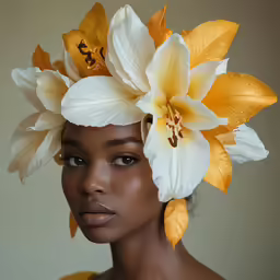 a woman with a yellow and white flower in her hair