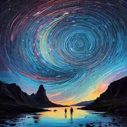 two people in the water as they stand under a colorful sky with many stars