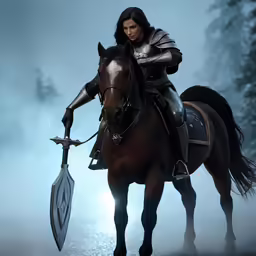 a woman on a horse and holding a sword