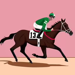 a man riding on the back of a brown horse,a cartoon jockey riding a horse that is going down the track