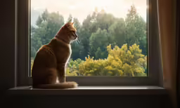 cat looking out of window with tree background