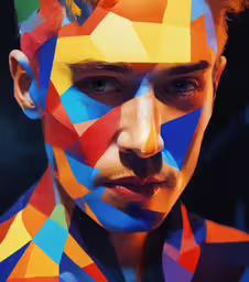 a man with a colorful abstract face and body art,a young man is dressed in geometric art