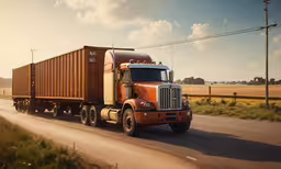 the cargo truck is driving down the road,the semi truck has pulled away from the sunset