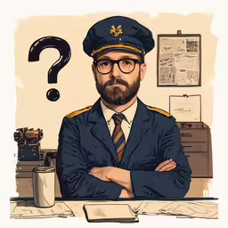 the image shows a cartoon of a pilot in his uniform, with his arms folded, and a question mark above his head