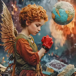 a girl with wings holding a glove in her hands