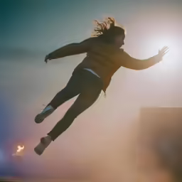 a girl is jumping high into the air